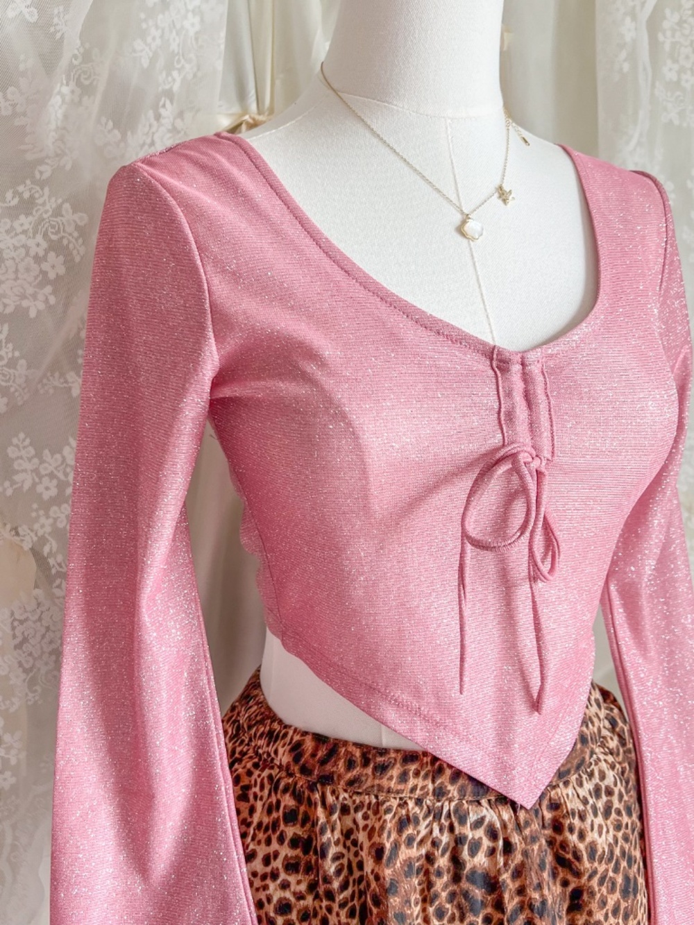 Pink Sparkle Hanky Hem Fairy Top Bell Sleeve Coquette - Picture 2 of 5